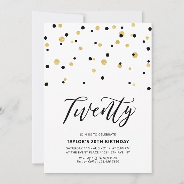 Invitación Fiesta de cumpleaños 20 simple negro y dorado (Anverso)