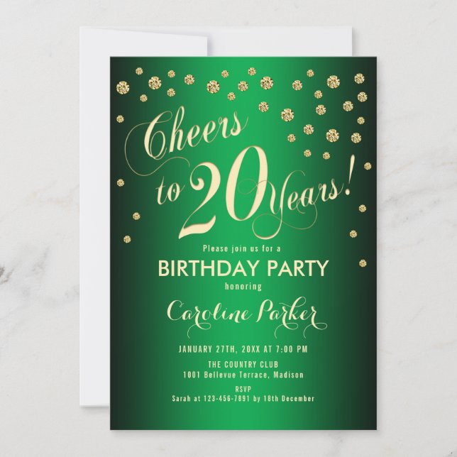 Invitación Fiesta de cumpleaños 20 - Verde de oro (Anverso)