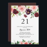 Invitación Fiesta de cumpleaños 21ª floral de primavera borgo<br><div class="desc">Esta floral invitación de primavera borgoñona para la fiesta de cumpleaños 21 es perfecta para una celebración de cumpleaños moderna. El diseño está pintado a mano y cuenta con hojas verdes,  rosas deslumbrantes rosas,  ruidosas,  violetas,  rojas,  blancas y burdeos deslumbrantes,  peonías cuidadosamente dispuestas en pequeños ramos adorables.</div>