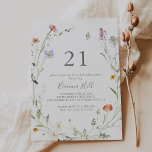 Invitación Fiesta de cumpleaños 21ª Floral multicolor salvaje<br><div class="desc">Esta invitación a la fiesta de cumpleaños 21 floral multicolor es perfecta para un evento moderno. El diseño se compone de acuarelas rosas,  rubias,  violetas,  navales y elegantes flores blancas con hojas de color verde esmeralda.</div>