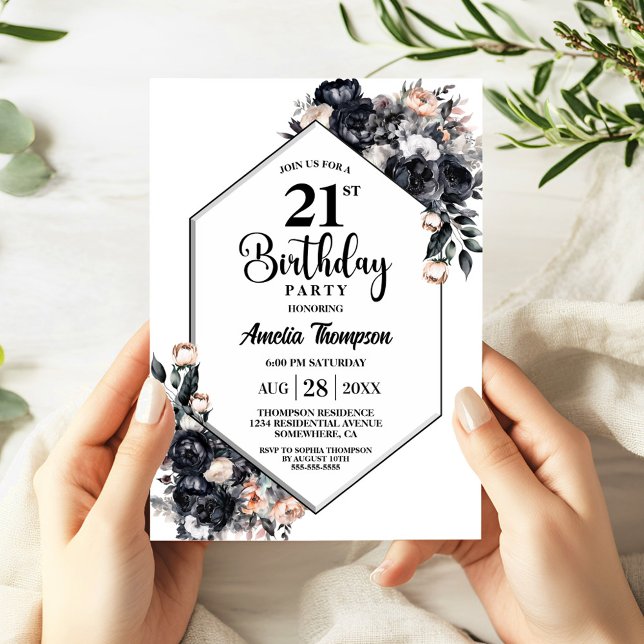 Invitación Fiesta de cumpleaños 21ª floral negra moderna (Subido por el creador)