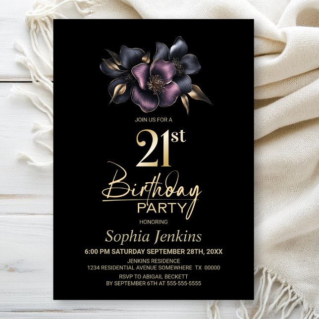 Invitación Fiesta de cumpleaños 21ª floral rosa y gris oscuro (Subido por el creador)