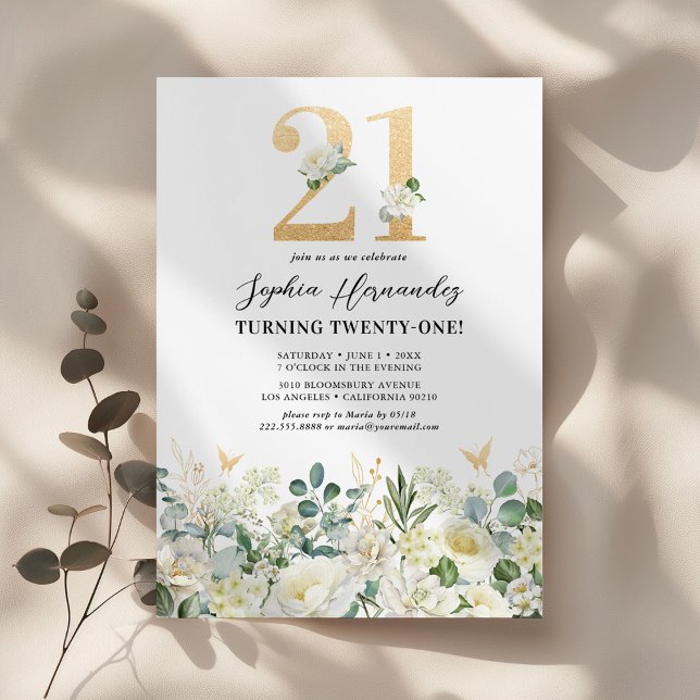 Invitación Fiesta de cumpleaños 21ª floral verde y blanca (Subido por el creador)