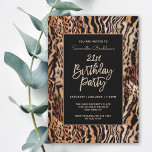 Invitación Fiesta de cumpleaños 21ª impresión de animal de mo<br><div class="desc">Celebra su cumpleaños 21 al estilo moderno con esta invitación al estilo Safari personalizado. Presenta un patrón de impresión animal salvaje en tonos tierra de marrón, marrón, beige y negro con un patrón de rayas y manchas. Un fondo negro de moda enmarca el texto personalizado con estilo. Personalice la plantilla...</div>