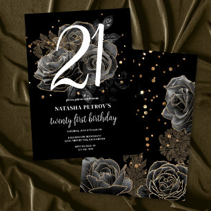 Invitación Fiesta de cumpleaños 21ª Purpurina de oro y negro