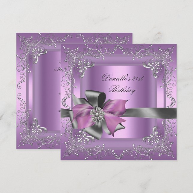 Invitación Fiesta de Cumpleaños 21º Lila Rosa Gris Plateado (Anverso / Reverso)