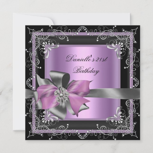 Invitación Fiesta de Cumpleaños 21º Rosa Lila Plata Negro (Anverso)
