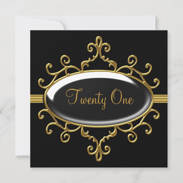 Invitación Fiesta de Cumpleaños 21 21st Negro Salvaje Oro Pla (Anverso)