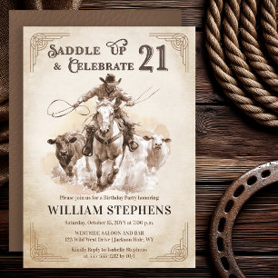 Invitación Fiesta de cumpleaños 21 adulto vaquero occidental