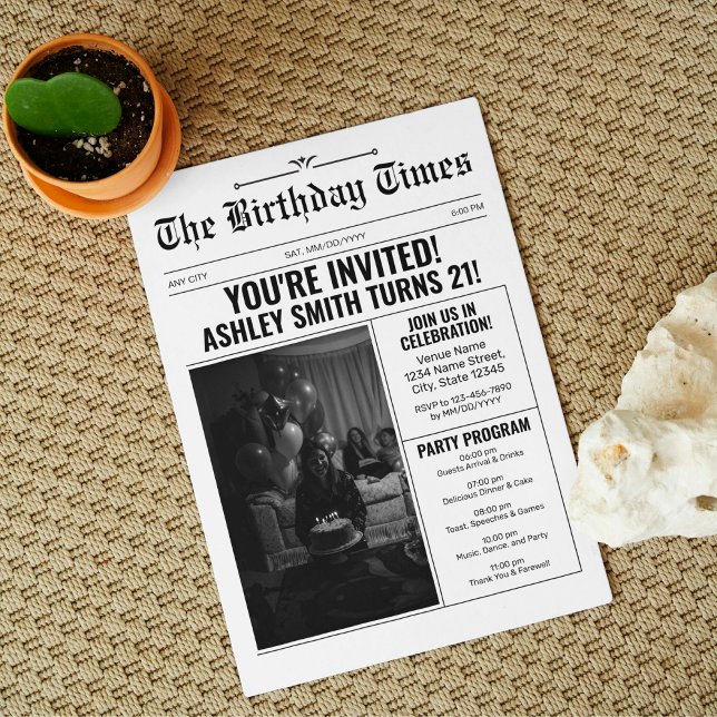 Invitación Fiesta de cumpleaños 21 al estilo de un periódico  (Subido por el creador)