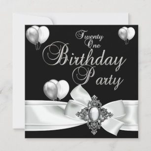 Invitación Fiesta de cumpleaños 21 años globos negros blancos