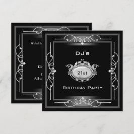 Invitación fiesta de cumpleaños 21 Arte Deco Negro Plata Bla