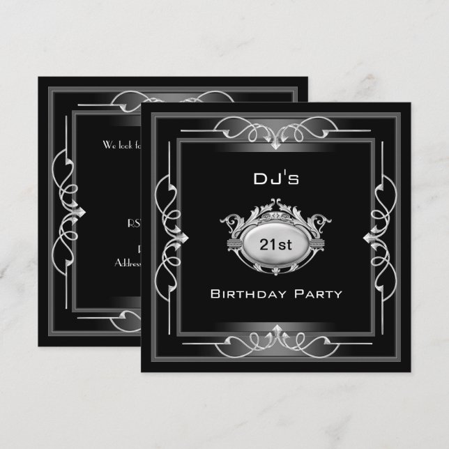 Invitación fiesta de cumpleaños 21  Arte Deco Negro Plata Bla (Anverso / Reverso)