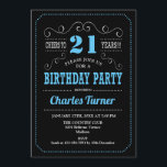 Invitación fiesta de cumpleaños 21 - Azul negro<br><div class="desc">Invitación a la fiesta de cumpleaños número 21. Elegante diseño retro negro,  azul,  blanco con diseño de pizarra y fuente de guión. ¡Salud a 21 años! Mándame un mensaje si necesitas más personalización.</div>