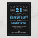 Invitación fiesta de cumpleaños 21 - Azul negro<br><div class="desc">Invitación a la fiesta de cumpleaños número 21. Elegante diseño retro negro,  azul,  blanco con diseño de pizarra y fuente de guión. ¡Salud a 21 años! Mándame un mensaje si necesitas más personalización.</div>