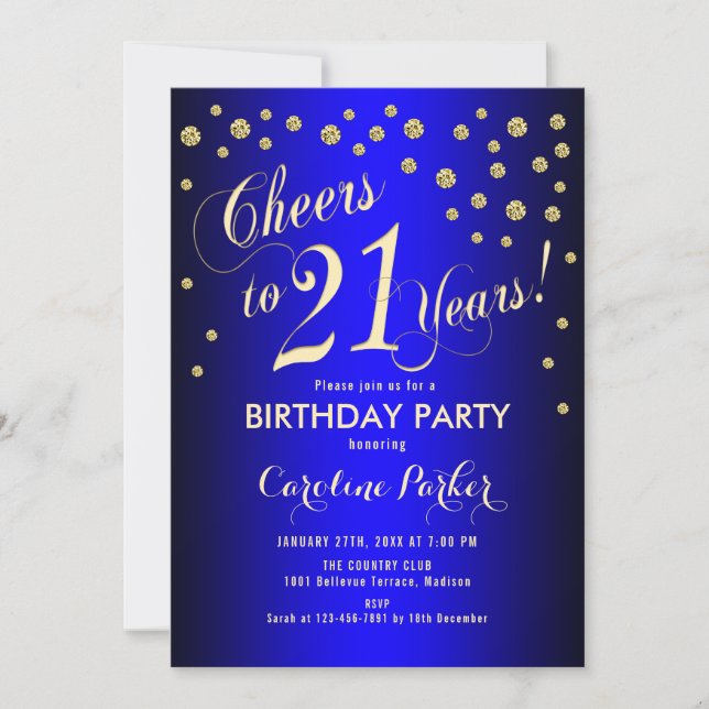 Invitación fiesta de cumpleaños 21 - Azul real de oro (Anverso)
