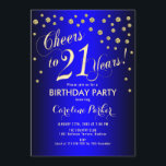 Invitación fiesta de cumpleaños 21 - Azul real de oro<br><div class="desc">Invitación a la fiesta de cumpleaños 21 Diseño elegante con oro falso purpurina y rojo. ¡Salud a 21 años!</div>