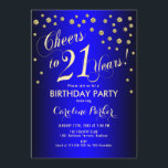 Invitación fiesta de cumpleaños 21 - Azul real de oro<br><div class="desc">Invitación a la fiesta de cumpleaños 21 Diseño elegante con oro falso purpurina y rojo. ¡Salud a 21 años!</div>