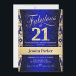 Invitación fiesta de cumpleaños 21 - Azul real de oro<br><div class="desc">Invitación a la Fiesta de Cumpleaños 21 en azul real y oro. Elegante carta de invitación con oro falso purpurina y diamantes. Presenta el patrón de damasco y el tipo de letra del guión. ¡Fabuloso a los veintiuno! El diseño clásico es perfecto para un fiesta elegante. Por favor, envíame un...</div>