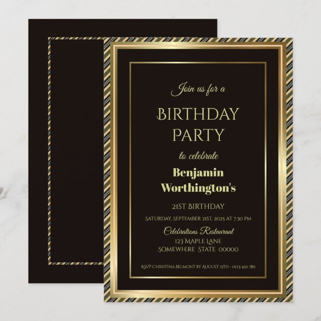 Invitación Fiesta de cumpleaños 21 Black Frame Gold (Anverso / Reverso)