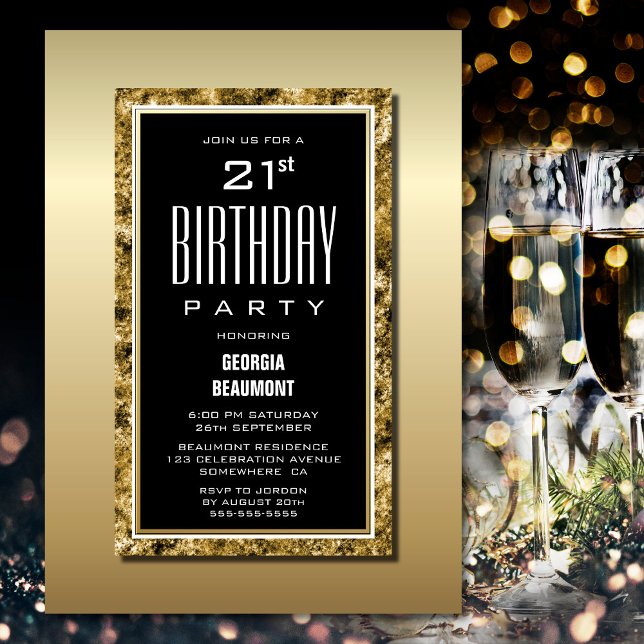 Invitación Fiesta de cumpleaños 21 Black Frame Gold (Subido por el creador)