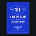 Invitación fiesta de cumpleaños 21 - Blanco azul real<br><div class="desc">Invitación a la fiesta de cumpleaños número 21. Elegante diseño retro azul real y blanco con letra de guión. ¡Salud a 21 años! Mándame un mensaje si necesitas más personalización.</div>