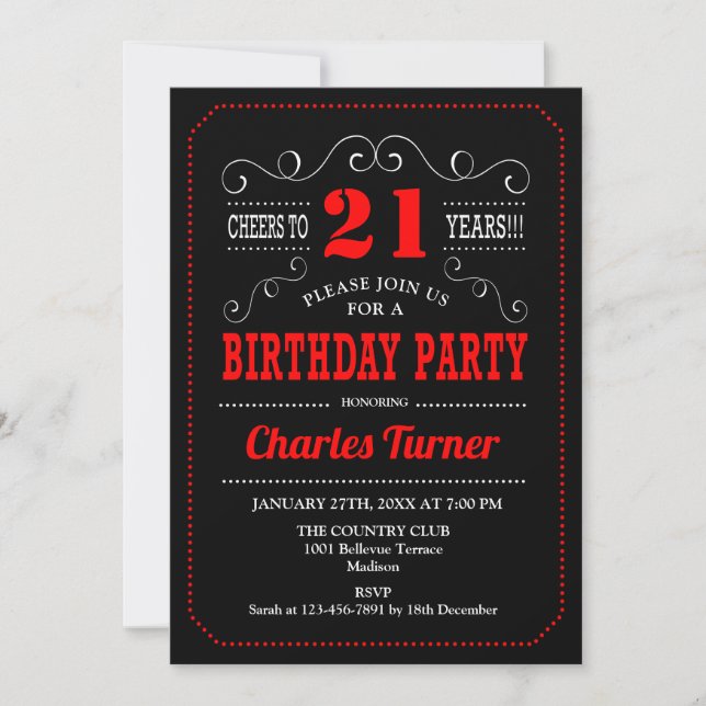 Invitación fiesta de cumpleaños 21 - Blanco rojo negro (Anverso)