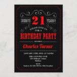 Invitación fiesta de cumpleaños 21 - Blanco rojo negro<br><div class="desc">Invitación a la fiesta de cumpleaños número 21. Elegante diseño retro negro,  rojo,  blanco con diseño de pizarra y fuente de guión. ¡Salud a 21 años! Mándame un mensaje si necesitas más personalización.</div>