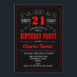 Invitación fiesta de cumpleaños 21 - Blanco rojo negro<br><div class="desc">Invitación a la fiesta de cumpleaños número 21. Elegante diseño retro negro,  rojo,  blanco con diseño de pizarra y fuente de guión. ¡Salud a 21 años! Mándame un mensaje si necesitas más personalización.</div>