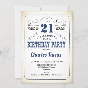 Invitación fiesta de cumpleaños 21 - Blanco y Marina retro cr