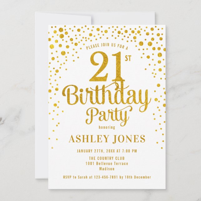 Invitación fiesta de cumpleaños 21 - Blanco y Oro (Anverso)
