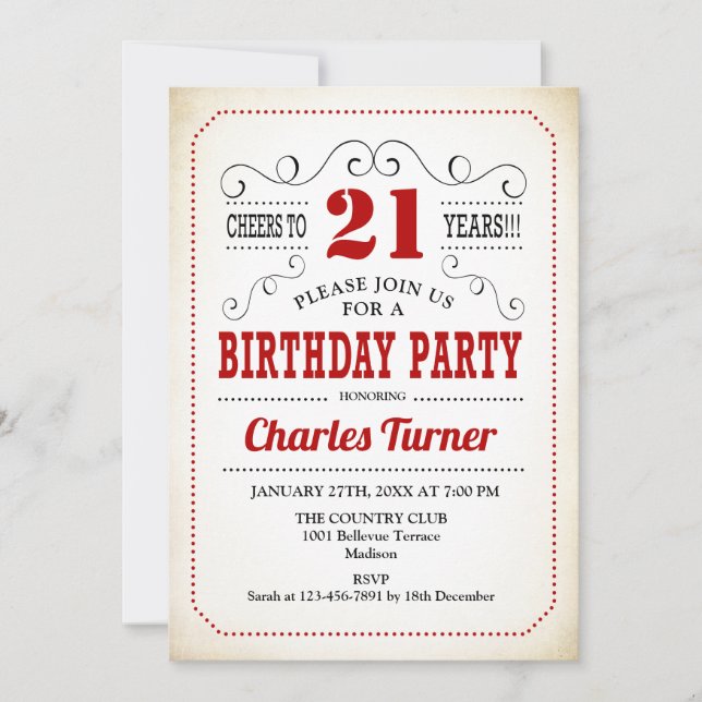 Invitación fiesta de cumpleaños 21 - Blanco y rojo cremoso re (Anverso)