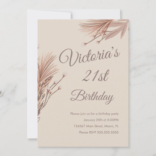 Invitación Fiesta de cumpleaños 21 Bohemian Pampas Terroso (Anverso)