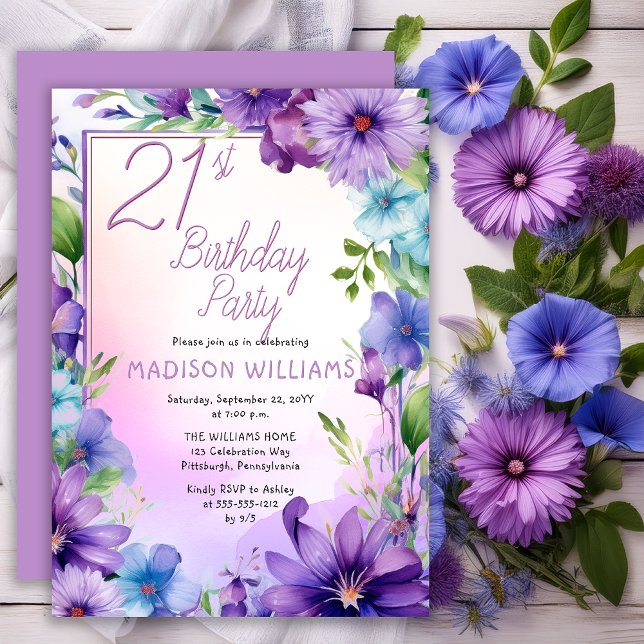 Invitación Fiesta de cumpleaños 21 Boho Morning Glories Flora (Elegant Boho Aster | Morning Glories Floral 21st Birthday Party Invitation Print | Digital Download)