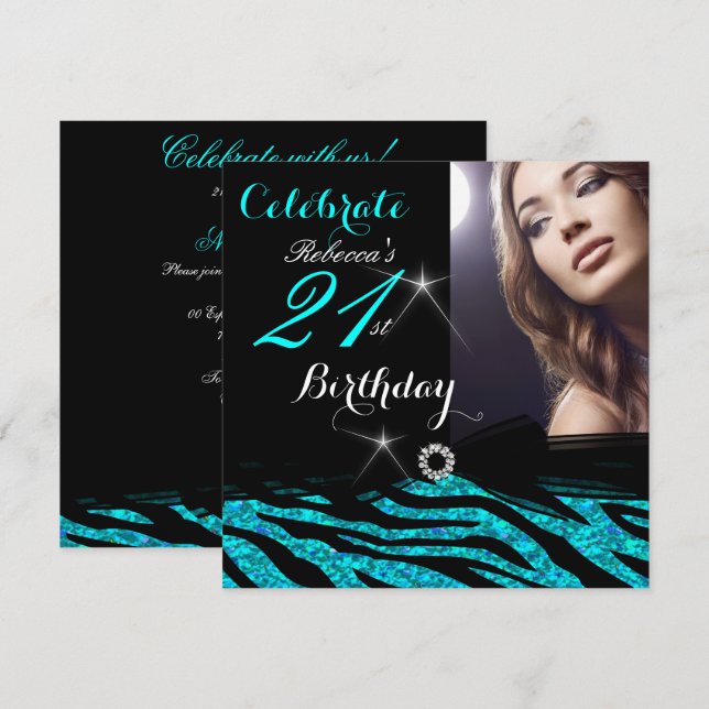 Invitación Fiesta de Cumpleaños 21 Brillo Azul Turquesa Cebra (Anverso / Reverso)