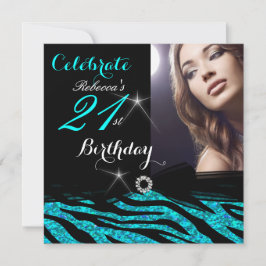 Invitación Fiesta de Cumpleaños 21 Brillo Azul Turquesa Cebra