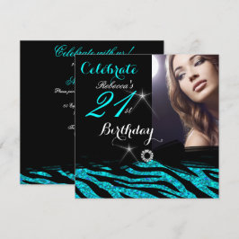 Invitación Fiesta de Cumpleaños 21 Brillo Azul Turquesa Cebra