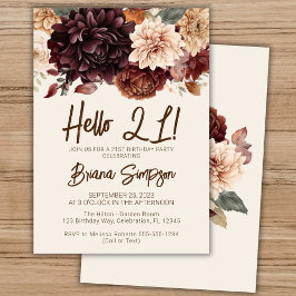 Invitación Fiesta de cumpleaños 21 Brown Beige Floral marfil