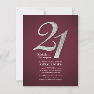 Invitación Fiesta de cumpleaños 21 burgundy brillo plateado