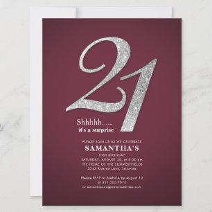 Invitación Fiesta de cumpleaños 21 Burgundy con brillo platea