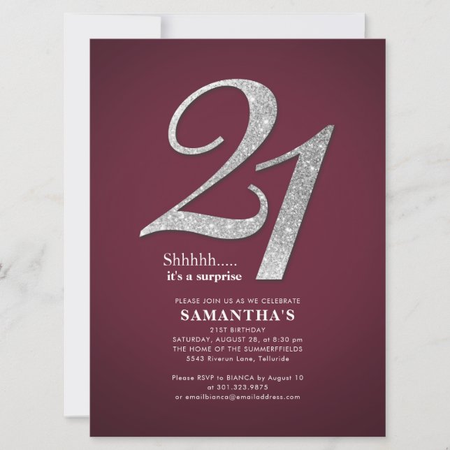 Invitación Fiesta de cumpleaños 21 Burgundy con brillo platea (Anverso)