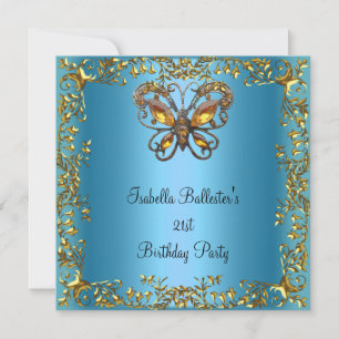 Invitación Fiesta de Cumpleaños 21 Butterfly Azul Teal Dorado