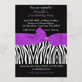 Invitación fiesta de cumpleaños 21, cebra, blanco morado negr