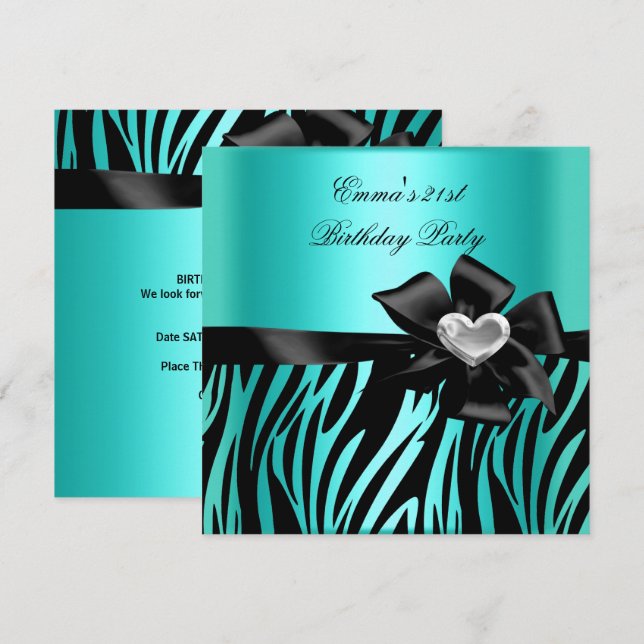 Invitación Fiesta de Cumpleaños 21 Cebra Plateado Turquesa Az (Anverso / Reverso)