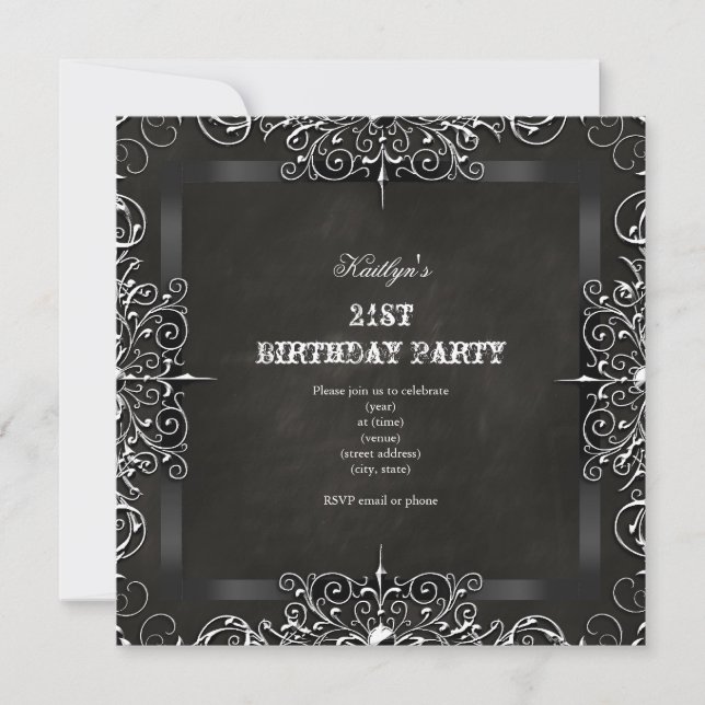 Invitación fiesta de cumpleaños 21 Chalkboard Black Antique (Anverso)