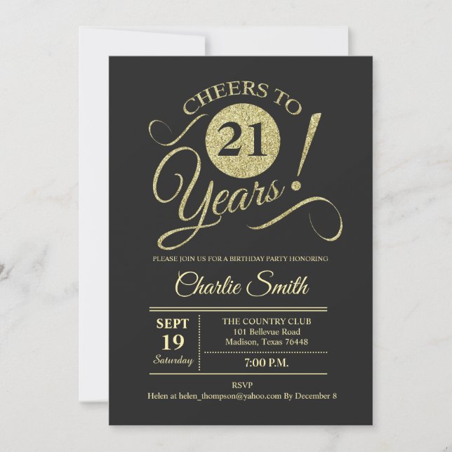 Invitación fiesta de cumpleaños 21 - Chalkboard Gold (Anverso)