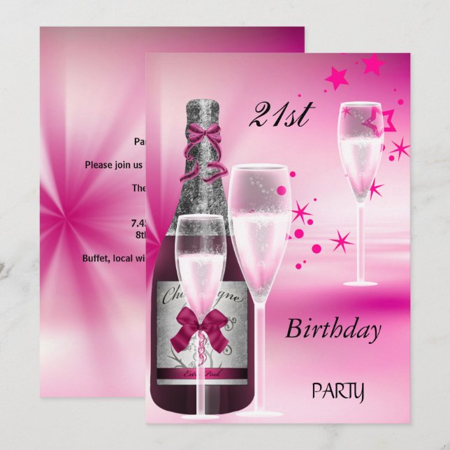 Invitación Fiesta de cumpleaños 21 Champagne Rosa 21 (Anverso / Reverso)
