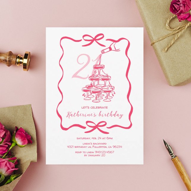 Invitación Fiesta de cumpleaños 21 chic con champán rosa dibu (Subido por el creador)