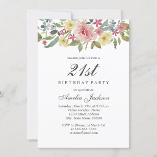 Invitación Fiesta de cumpleaños 21 con acuarela botánica rubo