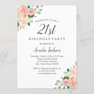 Invitación Fiesta de Cumpleaños 21 con Acuarela Floral de Ton